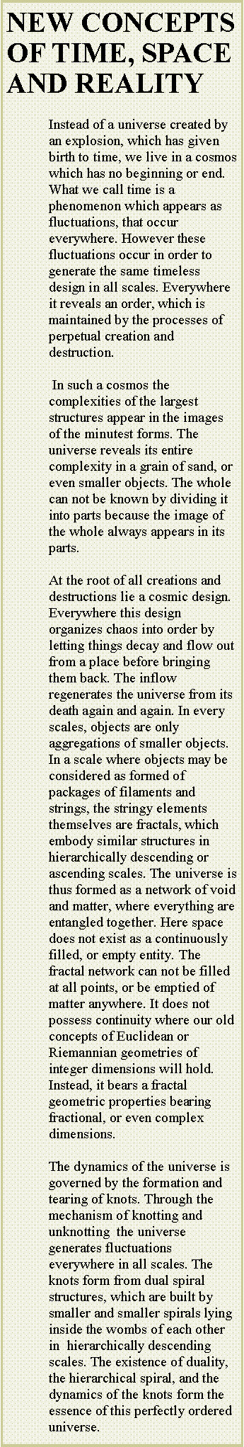 Text Box: NEW CONCEPTS OF TIME, SPACE AND REALITYInstead of a universe created by an explosion, which has given birth to time, we live in a cosmos which has no beginning or end. What we call time is a phenomenon which appears as  fluctuations, that occur everywhere. However these fluctuations occur in order to generate the same timeless design in all scales. Everywhere it reveals an order, which is maintained by the processes of perpetual creation and destruction.  In such a cosmos the complexities of the largest structures appear in the images of the minutest forms. The universe reveals its entire complexity in a grain of sand, or even smaller objects. The whole can not be known by dividing it into parts because the image of the whole always appears in its parts.At the root of all creations and destructions lie a cosmic design. Everywhere this design organizes chaos into order by letting things decay and flow out from a place before bringing them back. The inflow regenerates the universe from its death again and again. In every scales, objects are only aggregations of smaller objects. In a scale where objects may be considered as formed of packages of filaments and strings, the stringy elements themselves are fractals, which embody similar structures in hierarchically descending or ascending scales. The universe is thus formed as a network of void and matter, where everything are entangled together. Here space does not exist as a continuously filled, or empty entity. The fractal network can not be filled at all points, or be emptied of matter anywhere. It does not possess continuity where our old concepts of Euclidean or Riemannian geometries of integer dimensions will hold. Instead, it bears a fractal geometric properties bearing fractional, or even complex dimensions. The dynamics of the universe is governed by the formation and tearing of knots. Through the mechanism of knotting and unknotting  the universe generates fluctuations everywhere in all scales. The knots form from dual spiral structures, which are built by smaller and smaller spirals lying inside the wombs of each other in  hierarchically descending scales. The existence of duality, the hierarchical spiral, and the dynamics of the knots form the essence of this perfectly ordered universe.